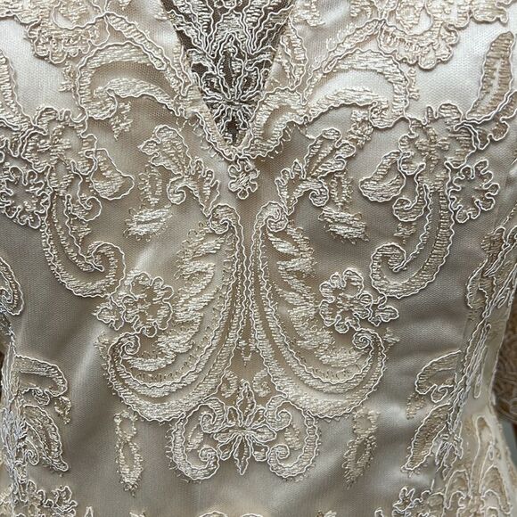 Wedding Dress Champagne Beige Boat Neck 3/4 Sleeve Corset Tie Back Midi - Picture 6 of 14